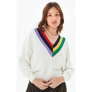CLARE V Varsity Sweater Cream Cotton Multicolor Stripe Womens Size Medium